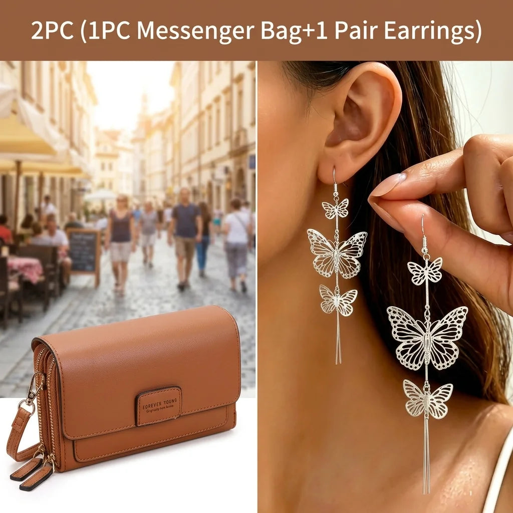2PC(1PC Messenger Bag+1 Pair Earrings )Women's Small Shoulder Crossbody Bag and Elegant Long Drop Earrings,Hollow Butterfly Tassel Earrings,Bohemian Style, Mobile Phone Card Wallet Bag,Casual Handbag for Party Birthday,Daily