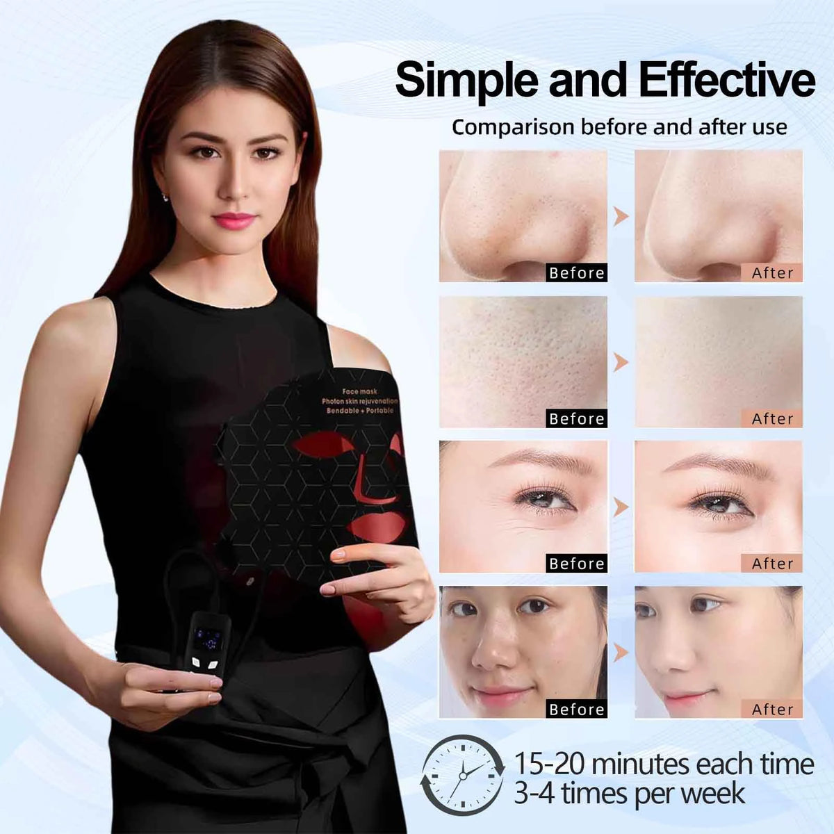 4 Modes Portable Led Face Mask Light Therapy for Anti-Aging Wrinkles Skin Rejuvenation Home Use Red Light Therapy Mask for Face