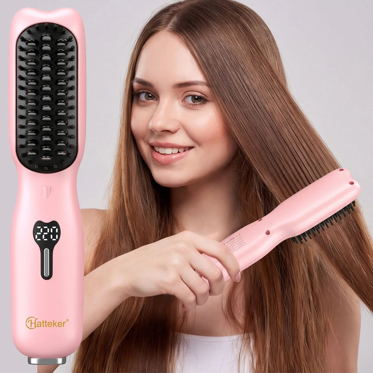 Hatteker Wireless Portable Hair Straightening Comb Multi-temperature Control Styling Brush for Straight And Curling Hair