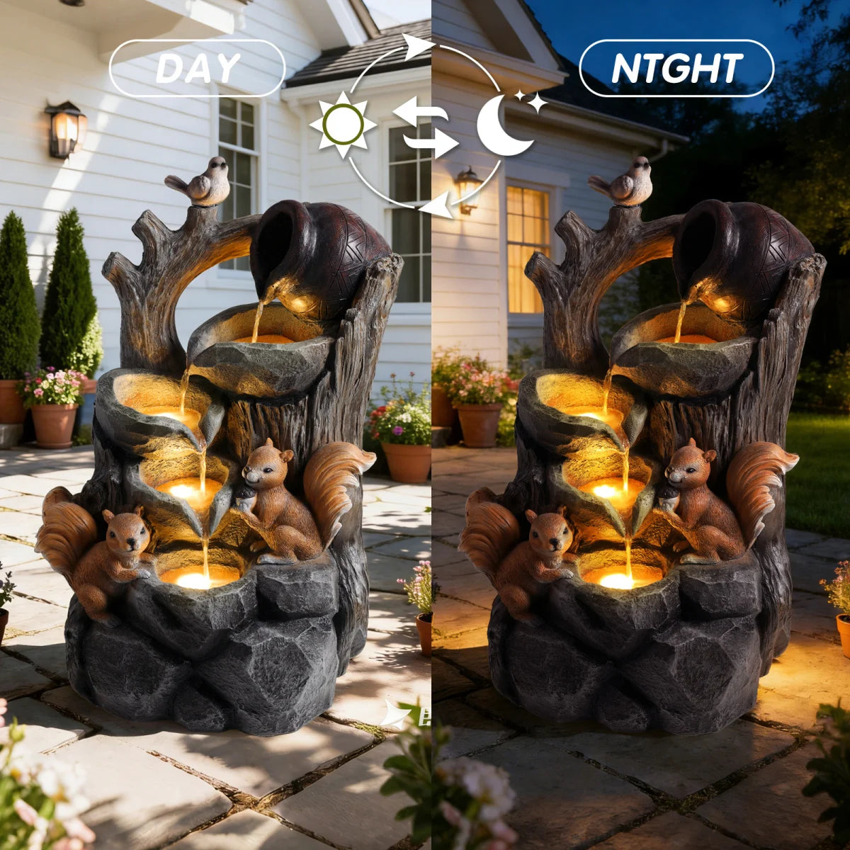 Squirrel Outdoor Water Fountain With Lights Waterfall Garden Decor