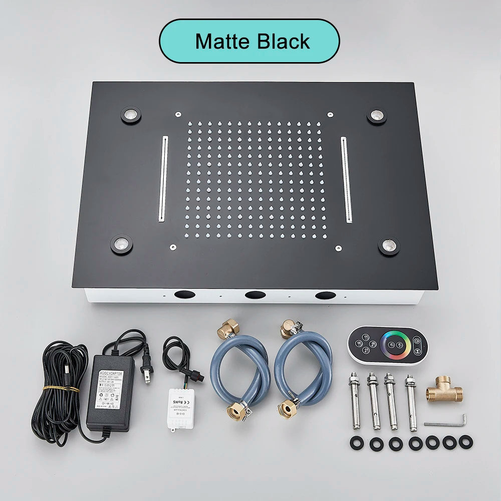 Black Embedded Ceiling Shower Head Intelligent Remote Control LED Rainfall Shower Set High Flow Waterfall Concealed Tap