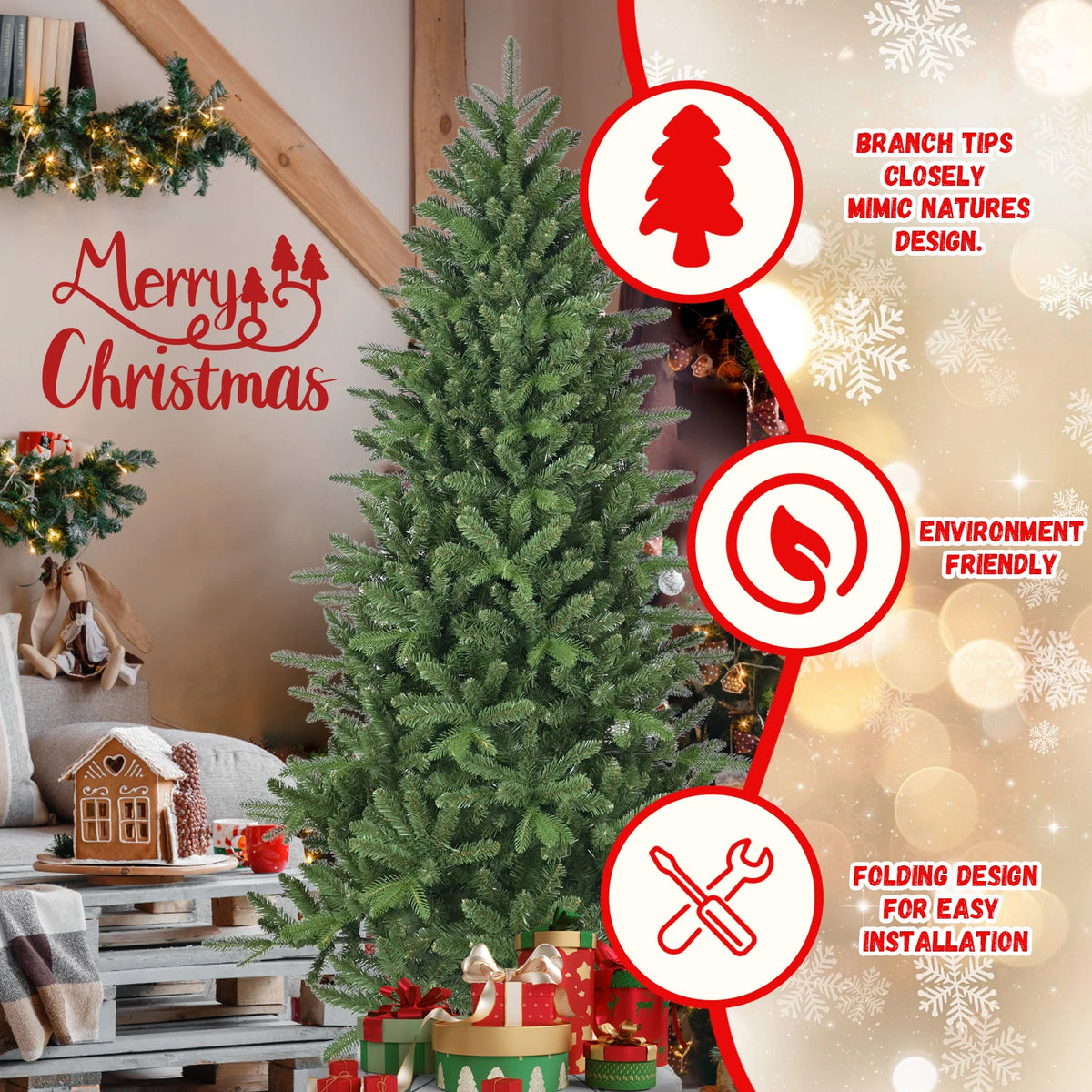 6ft Artificial Christmas Tree, 1168 PE+PVC Mixed Tips Full Lush Hinged Pine, Easy Assembly Holiday Tree with Sturdy Metal Stand for Indoor Decor, Green