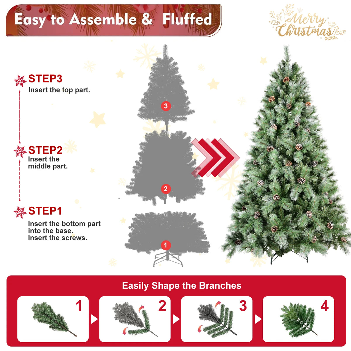 Artificial Christmas Tree Realistic Pine Cones Heavy Duty Metal Stand