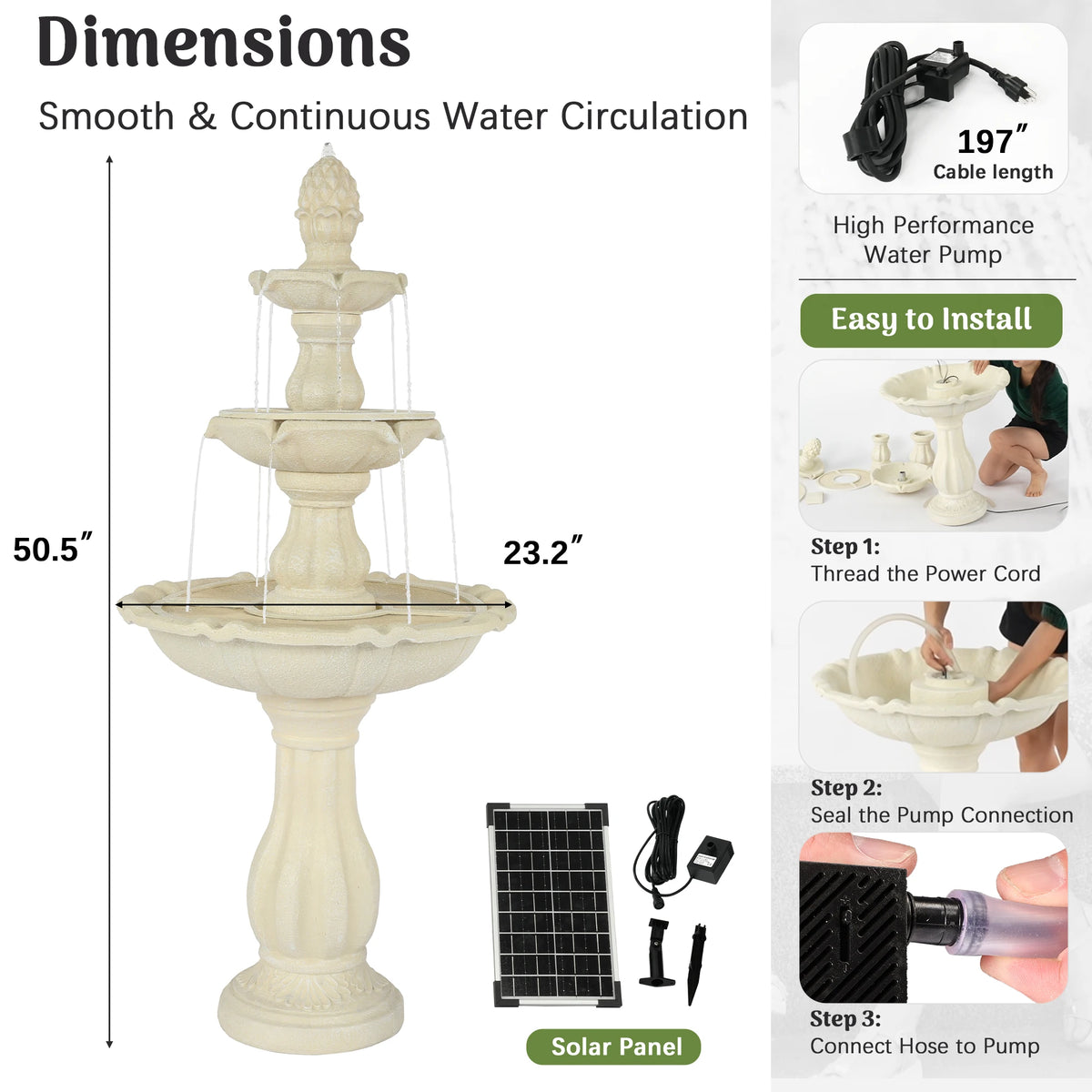 Solar Powered 3 Tier Outdoor Water Fountain With Pineapple Finial