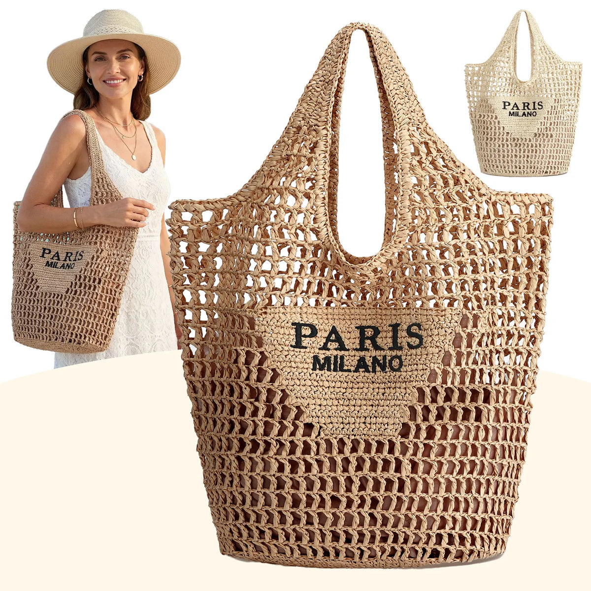 Straw Beach Bags for Women - Women Beach Handmade Woven Tote Bag, Summer Mesh Hollow Shoulder Bag for Holiday
