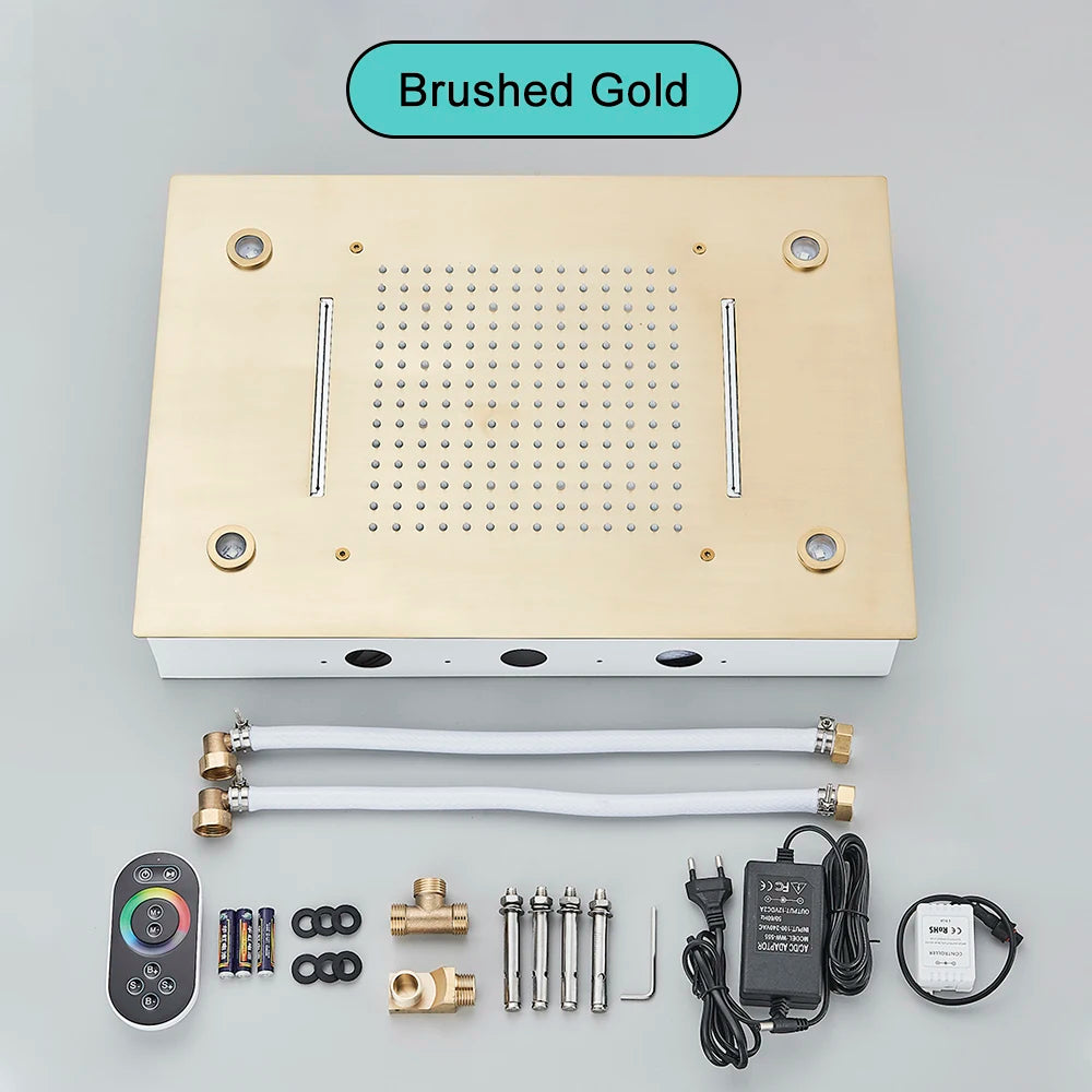 Black Embedded Ceiling Shower Head Intelligent Remote Control LED Rainfall Shower Set High Flow Waterfall Concealed Tap